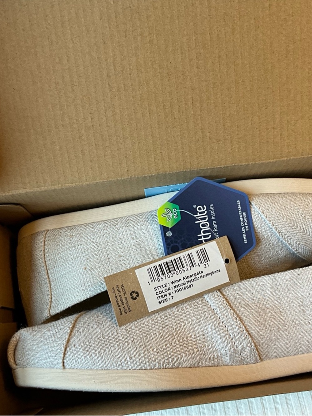 Toms Womens Alpargatas Natural Metallic Herringbone in size 7